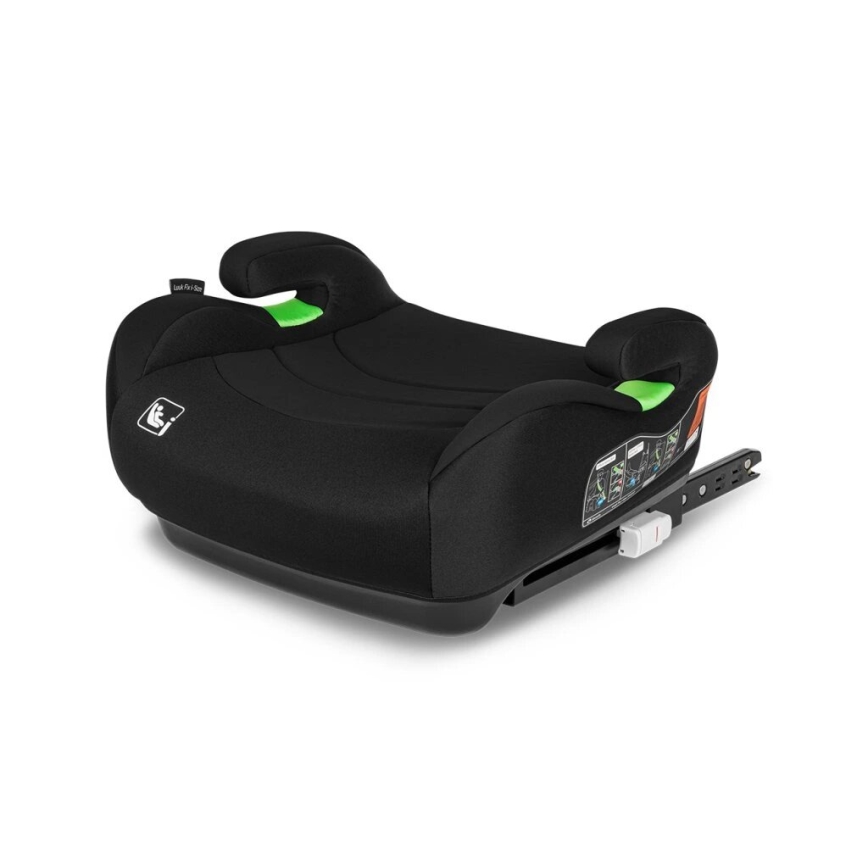 Autosedačka je zobrazená zboku. Je čierna s niekoľkými zelenými a oranžovými detailmi. Má opierky rúk a je namontovaná na pevnej základni.