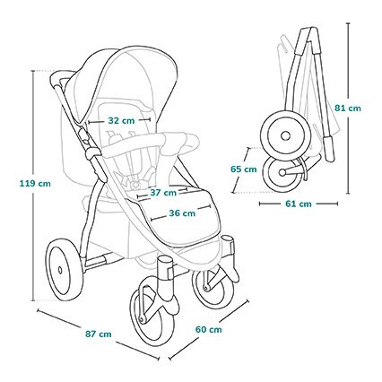 Trojkolka s rozmermi: celková dĺžka 87 cm, šírka 60 cm, výška 119 cm, výška sedadla 37 cm, šírka sedadla 36 cm, výška striešky 32 cm. Sklopená trojkolka má výšku 81 cm a šírku 61 cm.