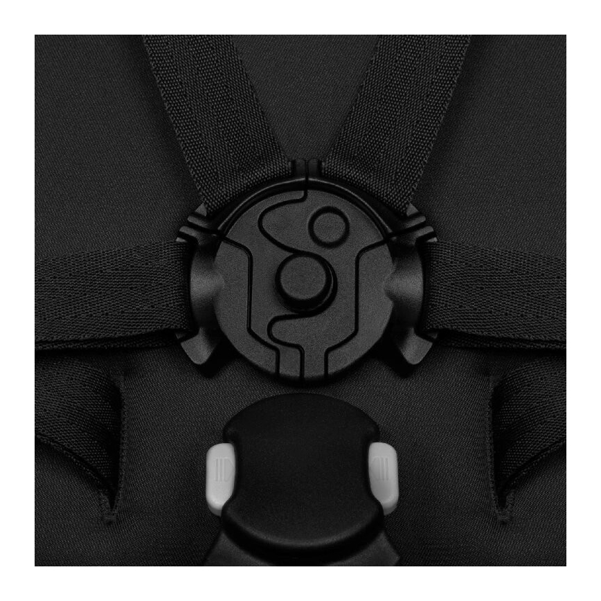 Zapínanie bezpečnostných pásov spája popruhy. Nachádza sa na tmavom textilnom podklade. Je čiernej farby s malým okrúhlym tlačidlom.