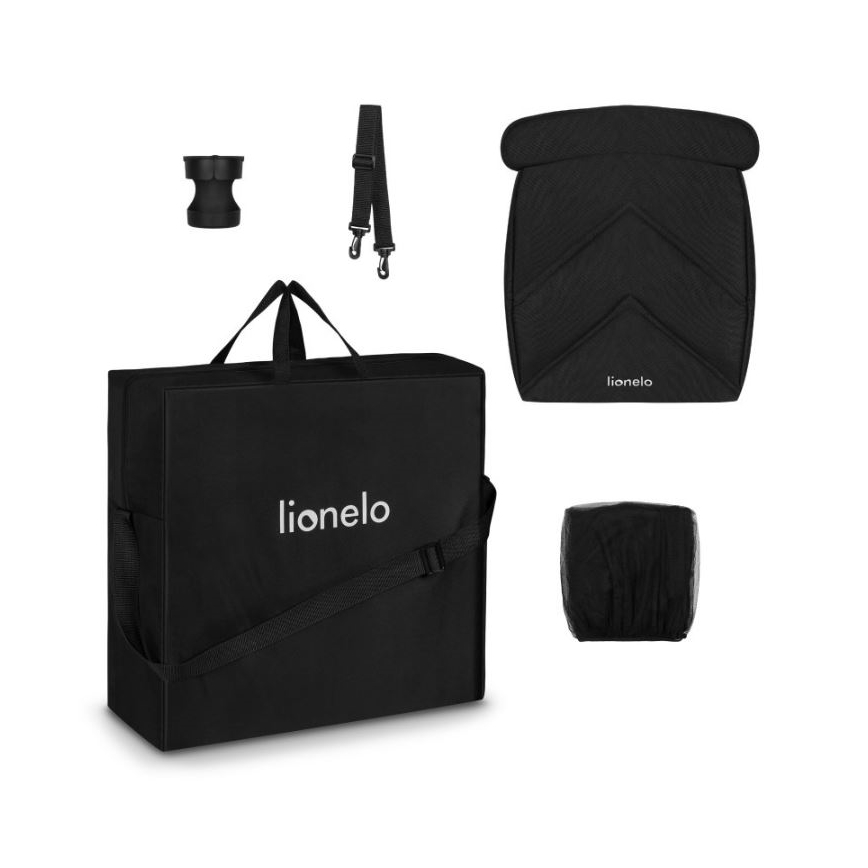 Čierna prenosná taška značky Lionelo s ramenným popruhom obsahuje opierku, sieťovaný poťah, držiak a popruh. Súčasťou je aj nápis „lionelo“.