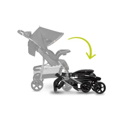 Kočík sa skladá. Je zobrazený rozložený kočík a vedľa neho jeho zloženej forme. Zloženie je znázornené šípkou.