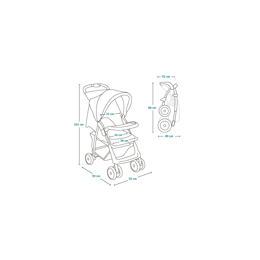 Kočík je zobrazený v rozloženom a zloženom stave. Rozmery rozloženého kočíka sú: výška 101 cm, šírka 52 cm, dĺžka 93 cm. Sedacia časť má rozmery 24 cm x 38 cm, výška striešky je 33 cm. Zložený kočík má výšku 89 cm a šírku 69 cm.