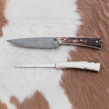 Lovecký damaškový nôž zarazák s pílkou 12 cm jelení paroh