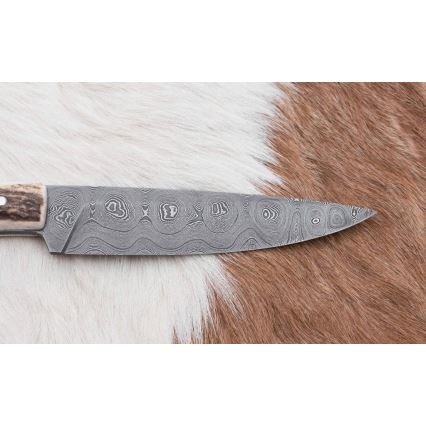 Lovecký damaškový nôž zarazák s pílkou 12 cm jelení paroh