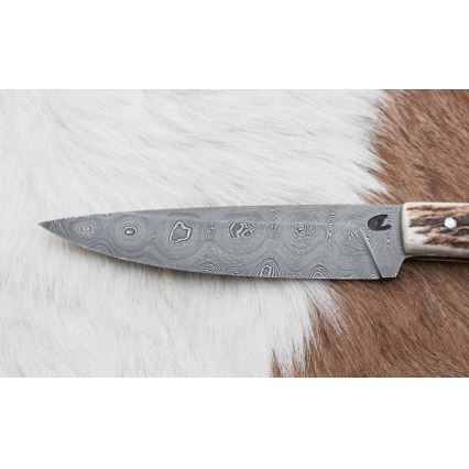 Lovecký damaškový nôž zarazák s pílkou 12 cm jelení paroh