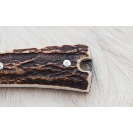 Lovecký damaškový nôž zarazák s pílkou 12 cm jelení paroh