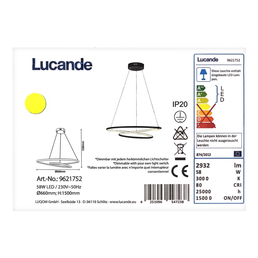 Lucande - LED Stmievateľný luster na lanku MIRASU LED/58W/230V