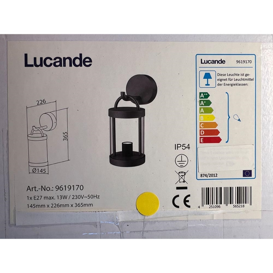 Lucande - Vonkajšie nástenné svietidlo CASSIAN 1xE27/60W/230V IP54