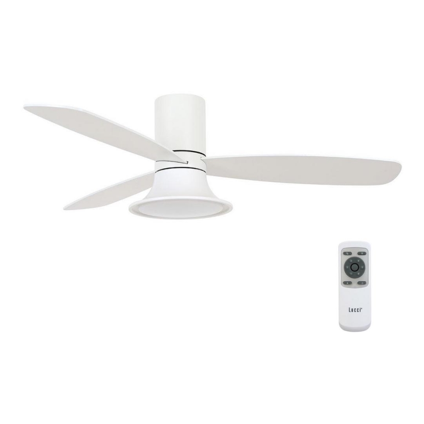 Biely stropný ventilátor s troma lopatkami a integrovaným svetlom rotuje. Je ovládaný diaľkovým ovládaním s označením „Lacer“. Ventilátor je na bielom pozadí.