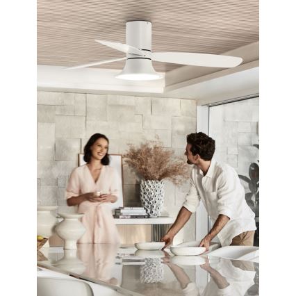 Biely stropný ventilátor s osvetlením sa otáča v jedálni. Pár stojí pri stole, pripravuje sa na jedlo. Steny sú z ľahkého kameňa.