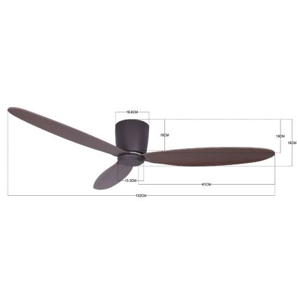 Tretí stropný ventilátor s drevenými lopatkami sa otáča. Rozmery: priemer 132 cm, lopatka 61 cm, výška 18,8 cm.