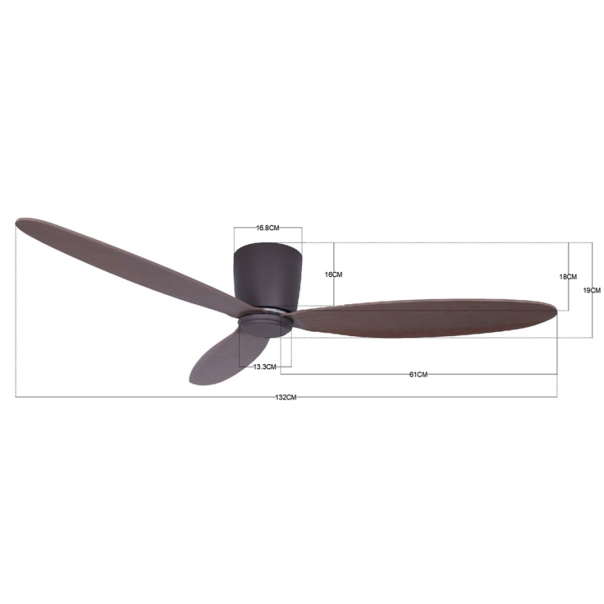 Tretí stropný ventilátor s drevenými lopatkami sa otáča. Rozmery: priemer 132 cm, lopatka 61 cm, výška 18,8 cm.