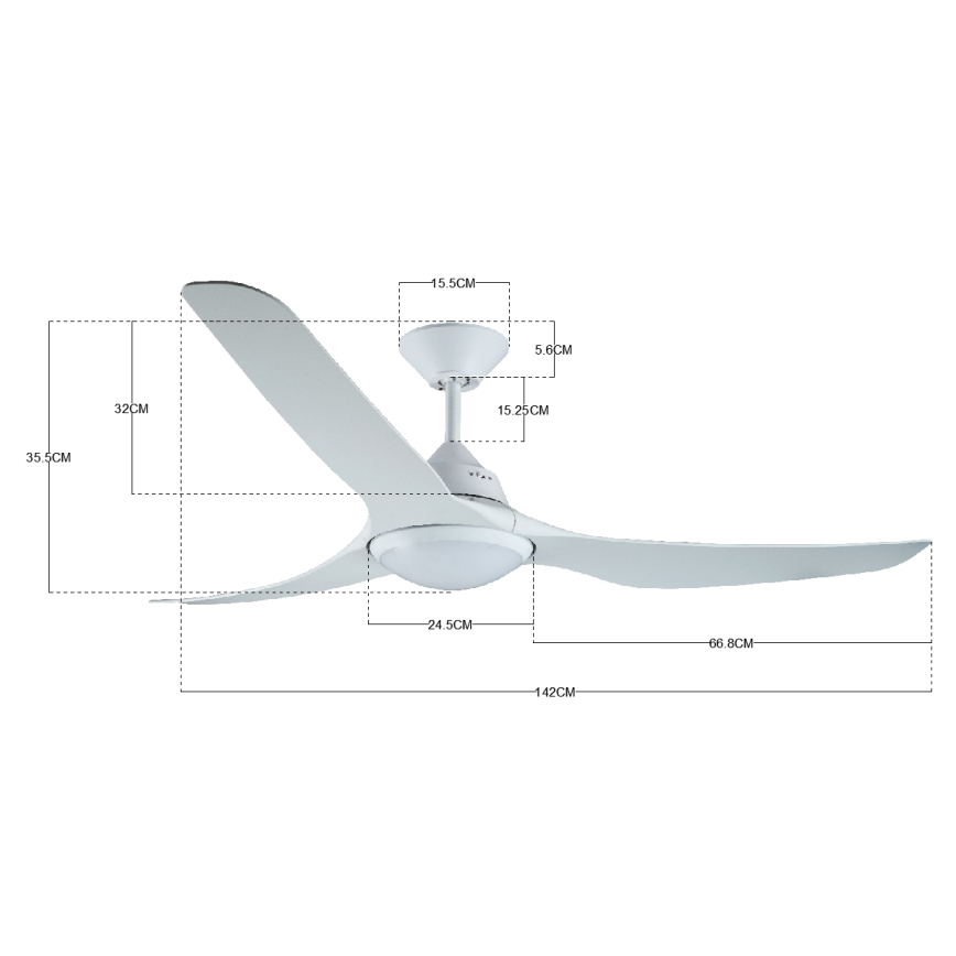 Biely stropný ventilátor s tromi lopatkami sa nachádza v priestore. Rozmery sú uvedené v centimetroch: priemer 142 cm, rozpätie lopatiek 66,8 cm, výška 35,5 cm.