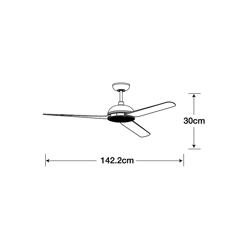 Trojlistý stropný ventilátor s priemerom 142,2 cm a výškou 30 cm rotuje. Je znázornený schematický náčrt s rozmermi.