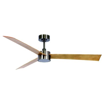 Stropný ventilátor s tromi drevenými lopatkami a kovovou konštrukciou sa nachádza pred bielym pozadím. Ventilátor je umiestnený na strope.