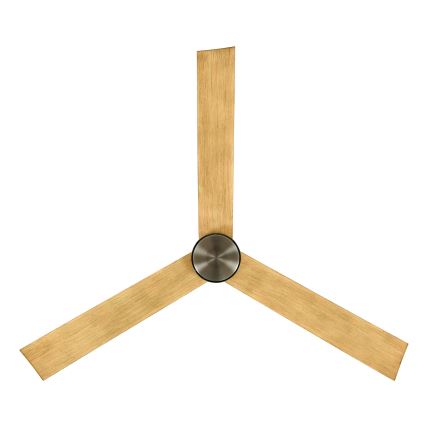 Trojlistý stropný ventilátor s drevenými lopatkami svetlohnedej farby a stredovou časťou z tmavej ocele sa nachádza na bielom pozadí.