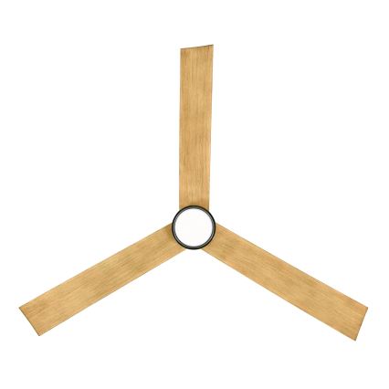 Trojlistý stropný ventilátor s drevenými lopatkami svetlohnedej farby a čiernym stredom s bielym svetlom je zobrazený na bielom pozadí.