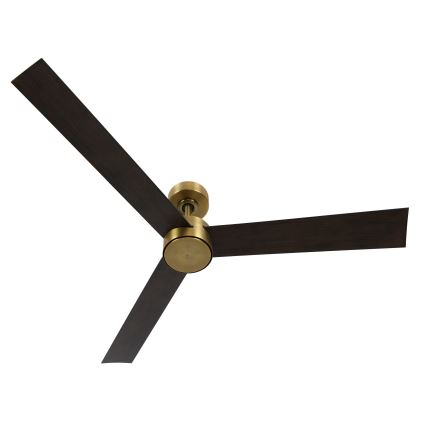 Trojlistý stropný ventilátor s tmavohnedými lopatkami a mosadzným stredom sa nachádza na bielom pozadí. Ventilátor je statický.