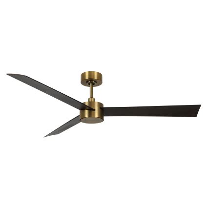 Trojlistý stropný ventilátor s tmavými lopatkami a zlatými kovovými časťami sa otáča. Ventilátor je umiestnený pred bielym pozadím.