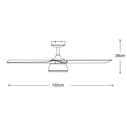 Stropný ventilátor s štyrmi lopatkami rotujúci. Rozmery: priemer 132 cm, výška 36 cm.