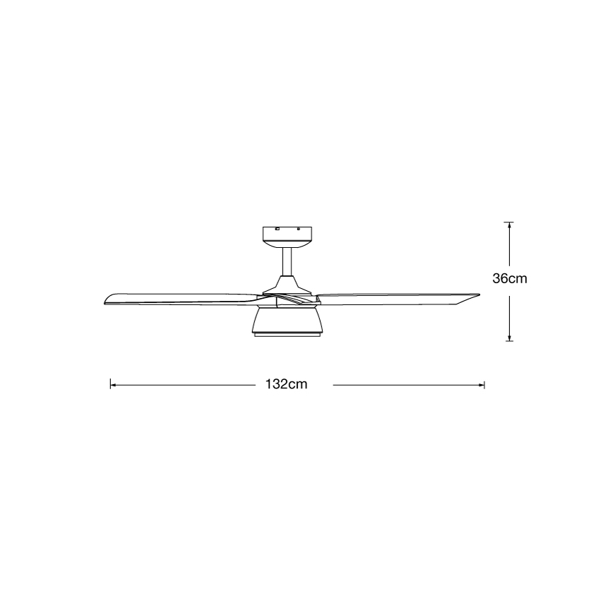 Stropný ventilátor s štyrmi lopatkami rotujúci. Rozmery: priemer 132 cm, výška 36 cm.