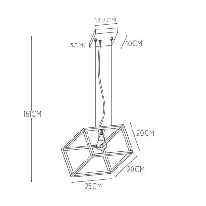 Závesné svietidlo s kockovým tienidlom z kovového rámu visí zo stropu. Tienidlo má rozmery 20x20x25 cm a celková dĺžka je 161 cm. Svietidlo je znázornené s rozmermi na technickej kresbe.