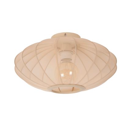 Stropné svietidlo s oválnym tienidlom zo svetloružového priesvitného materiálu s rebrovaným vzorom osvetľuje žiarovka. Svietidlo je pripevnené k stropu.