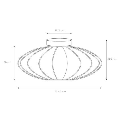 Stropná lampa s tvarom sploštenej gule a rebrovanou štruktúrou má rozmery: priemer 40 cm, výška 21,5 cm a priemer vrchného krytu 12 cm. Je znázornená s rozmerovými údajmi.