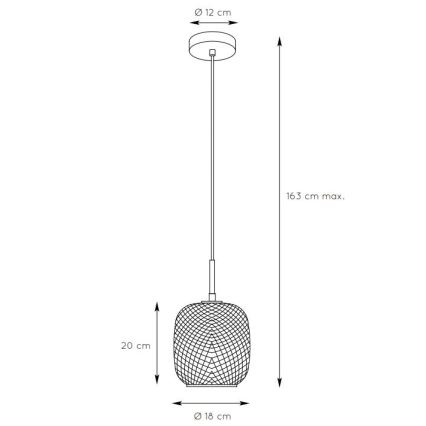Závesné svietidlo s pleteným tienidlom visí zo stropu. Tienidlo má rozmery 18 cm v priemere a 20 cm na výšku. Celková dĺžka svietidla je maximálne 163 cm.