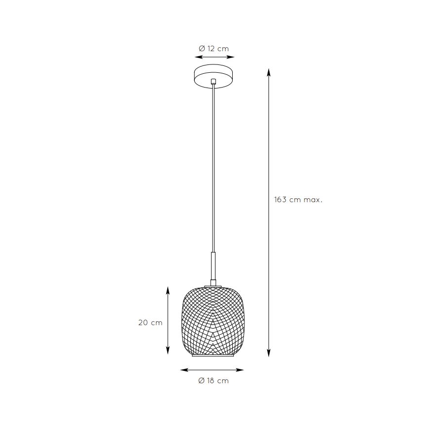 Závesné svietidlo s pleteným tienidlom visí zo stropu. Tienidlo má rozmery 18 cm v priemere a 20 cm na výšku. Celková dĺžka svietidla je maximálne 163 cm.