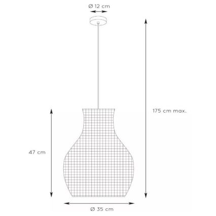 Závesné svietidlo visí zo stropu. Jeho tienidlo má tvar vázy, je mriežkové a má rozmery: priemer 35 cm, výška 47 cm. Celková maximálna dĺžka je 175 cm, priemer stropnej rozety 12 cm.