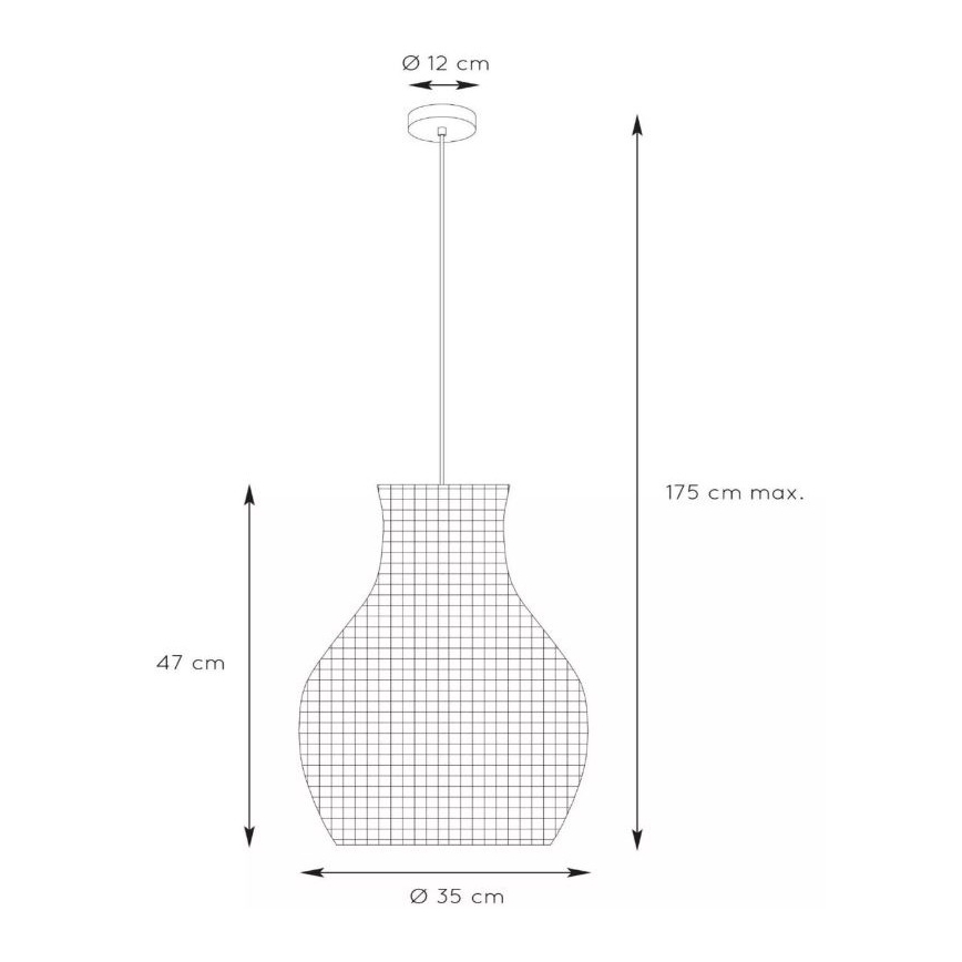 Závesné svietidlo visí zo stropu. Jeho tienidlo má tvar vázy, je mriežkové a má rozmery: priemer 35 cm, výška 47 cm. Celková maximálna dĺžka je 175 cm, priemer stropnej rozety 12 cm.
