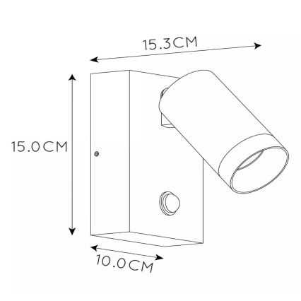 Nástené svietidlo je pripevnené na stenu. Svietidlo má valcovitý tvar a smeruje doprava. Rozmery sú 15,0 cm na výšku, 10,0 cm na šírku a 15,3 cm na dĺžku.