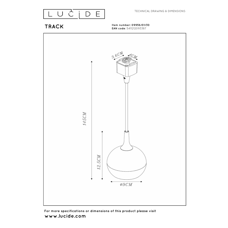 Lucide 09956/01/30 - Závesný luster na lanku pre lištový systém TRACK 1xGU10/MR16/50W/230V
