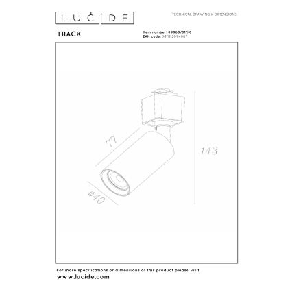 Lucide 09960/01/30 - Bodové svietidlo do lištového systému TRACK 1xGU10/MR11/3,8W/230V