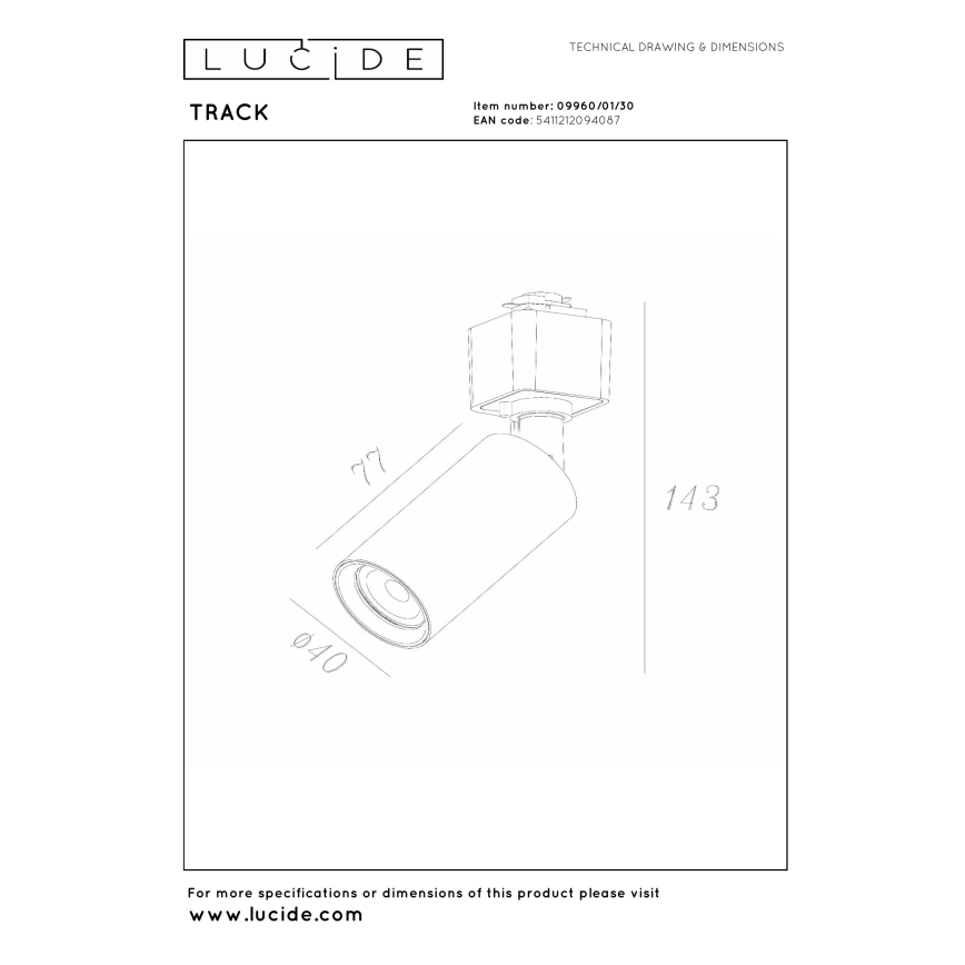Lucide 09960/01/30 - Bodové svietidlo do lištového systému TRACK 1xGU10/MR11/3,8W/230V