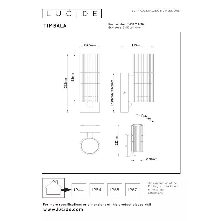 Lucide 11839/02/30 - Vonkajšie nástenné svietidlo s pohybovým senzorom TIMBALA 2xGU10/7W/230V IP44