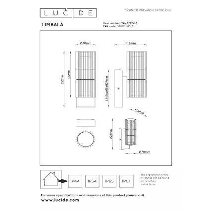 Lucide 11840/02/30 - Vonkajšie nástenné svietidlo TIMBALA 2xGU10/7W/230V IP44