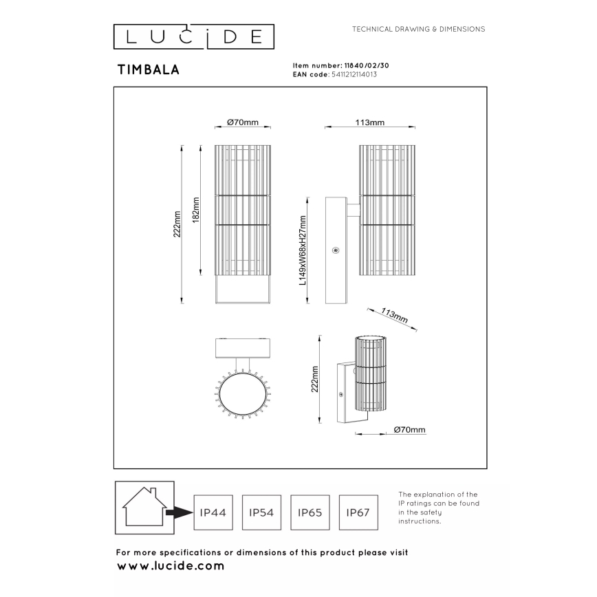 Lucide 11840/02/30 - Vonkajšie nástenné svietidlo TIMBALA 2xGU10/7W/230V IP44