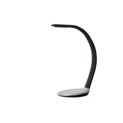 Stolná lampa s ohnutým čiernym ramenom a striebornou základňou stojí na bielom pozadí.