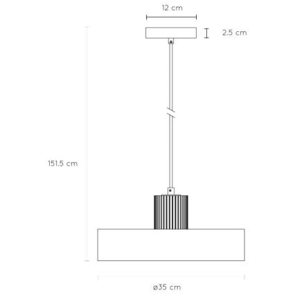 Závesné svietidlo s obdĺžnikovým tienidlom (35 cm) visí na dlhej tyči (151,5 cm) pripevnené k stropnej platni (12 cm x 2,5 cm).