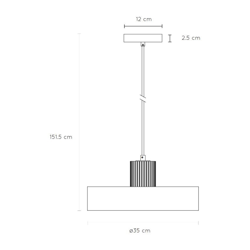 Závesné svietidlo s obdĺžnikovým tienidlom (35 cm) visí na dlhej tyči (151,5 cm) pripevnené k stropnej platni (12 cm x 2,5 cm).