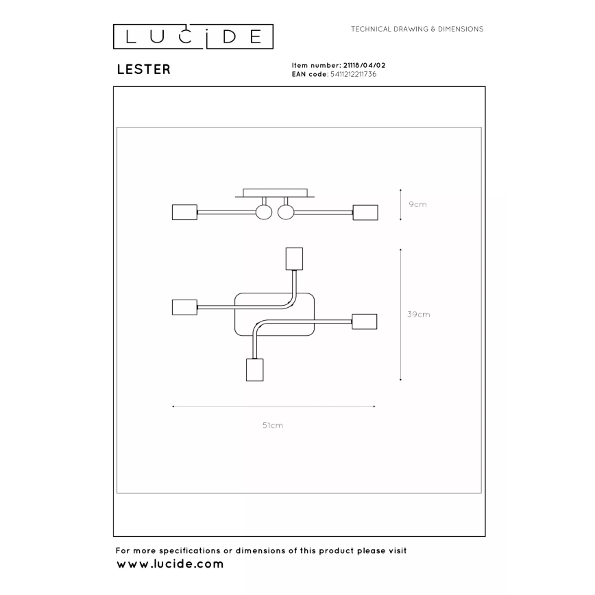 Lucide 21118/04/02 - Prisadené stropné svietidlo LESTER 4xE27/40W/230V, zlaté