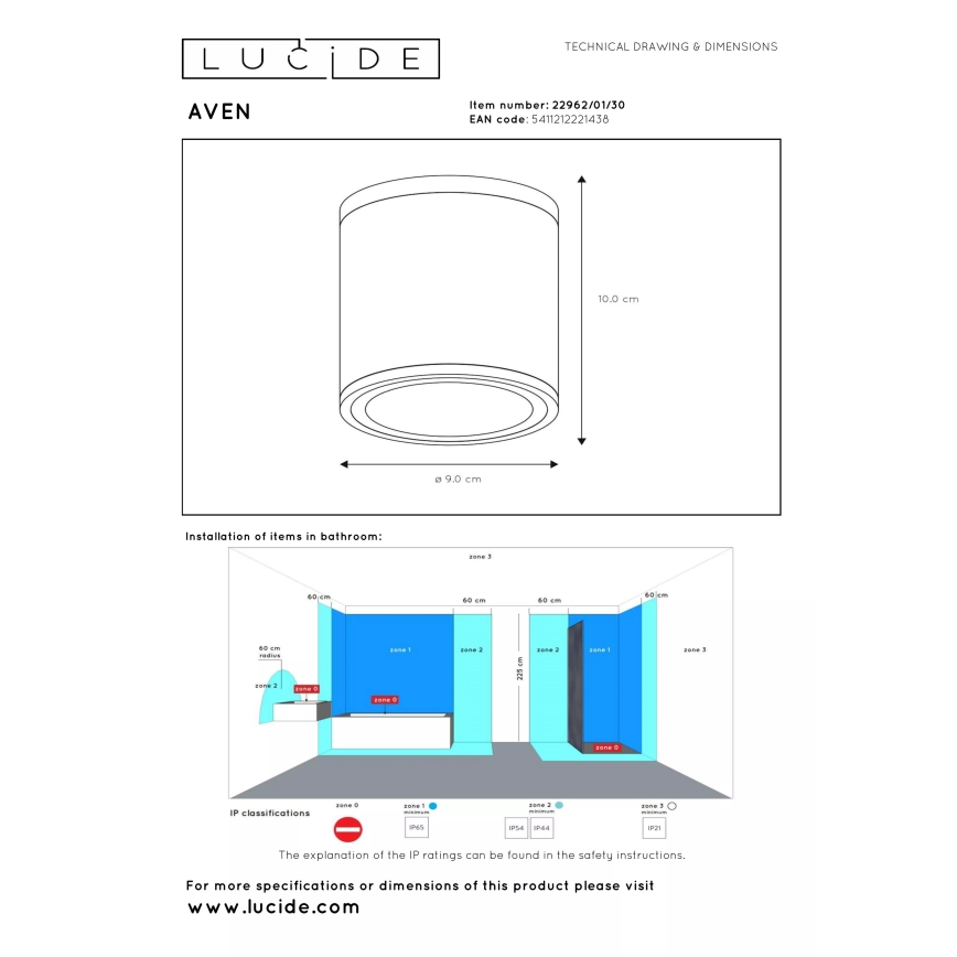 Lucide 22962/01/30 - Kúpeľňové stropné svietidlo AVEN 1xGU10/50W/230V, priemer 9 cm, IP65, čierne
