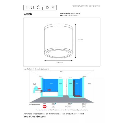 Lucide 22962/01/31 - Kúpeľňové stropné svietidlo AVEN 1xGU10/50W/230V pr. 9 cm IP65 biela