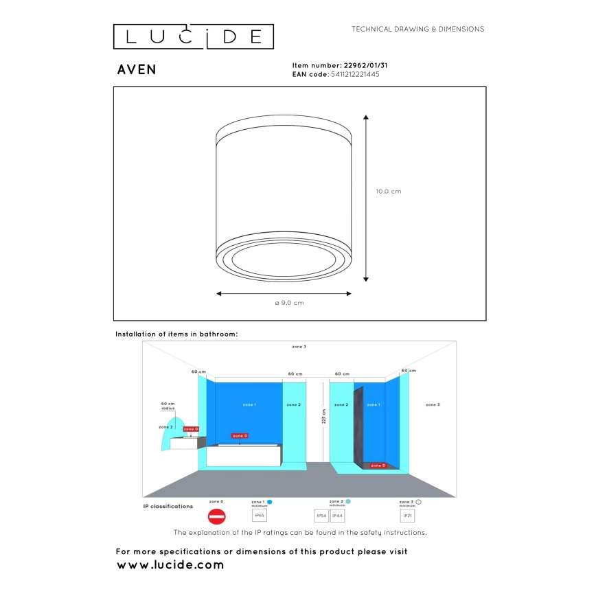 Lucide 22962/01/31 - Kúpeľňové stropné svietidlo AVEN 1xGU10/50W/230V pr. 9 cm IP65 biela