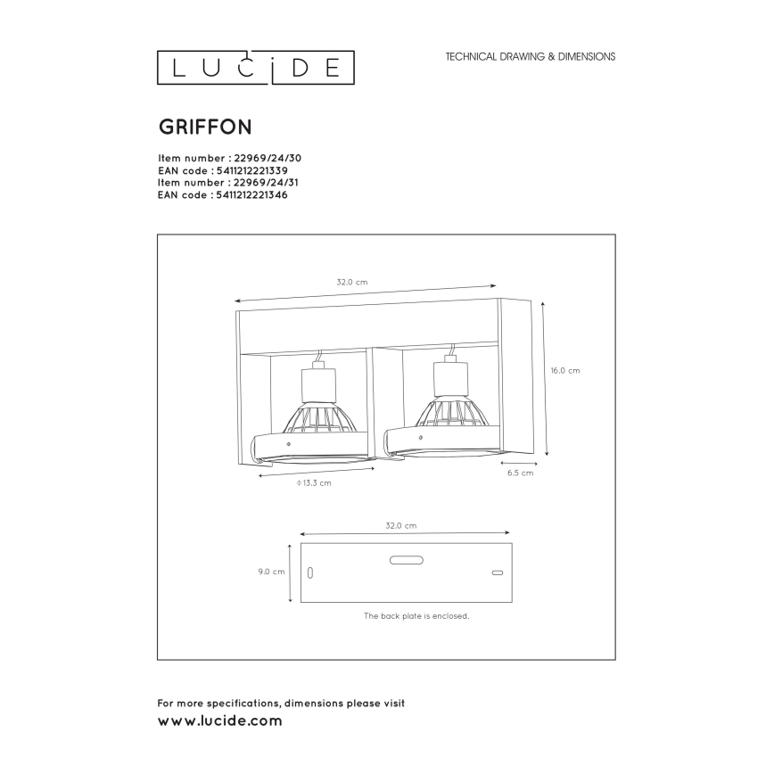Lucide 22969/24/30 - LED Stmievateľné bodové svietidlo GRIFFON 2xGU10/12W/230V