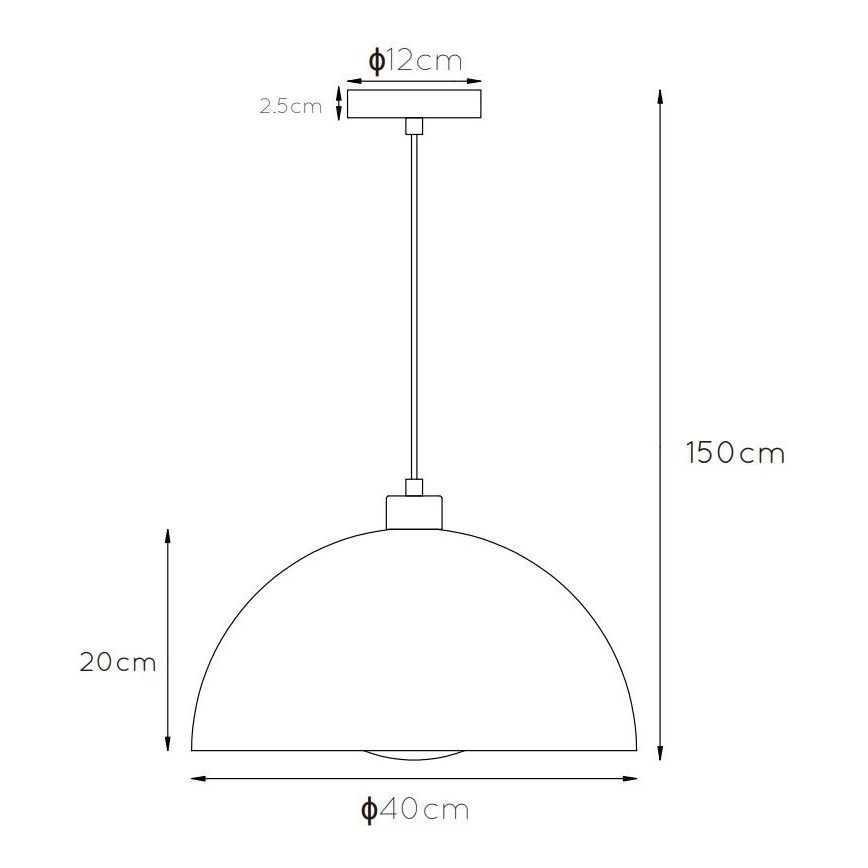 Závesné svietidlo visí zo stropu. Má polkruhový tienidlo s priemerom 40 cm a výškou 20 cm. Dĺžka kábla je 150 cm, priemer stropnej rozety je 12 cm a jej výška 2,5 cm.