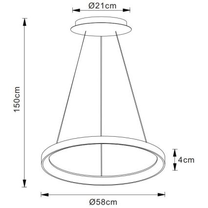 Závesné svietidlo s kruhovým tienidlom o priemere 58 cm a výške 4 cm visí zo stropu na troch kábloch. Celková dĺžka svietidla je 150 cm. Stropný úchyt má priemer 21 cm.