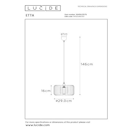 Lucide 46406/29/76 - Luster na lanku ETTA 1xE27/40W/230V pr. 29 cm drevo